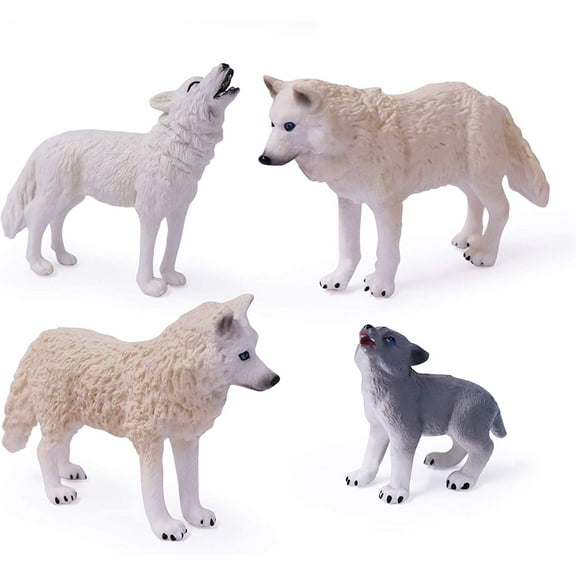 Ksopiavobs 4pcs Wolf Toy Figurines Set Arctic Wolf Animal Figures White Wolf Family Cake Topper Toy Gift for Kids (White)