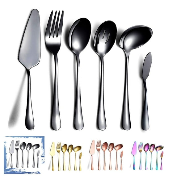 Ksopiavobs 6-Piece Black Serving Flatware Silverware Set,Stainless Steel Serving Utensil Set,Include Cake Server, Slotted Serving Spoon, Serving Spoon, Cold Meat Fork, Butter Knife, Soup Ladle