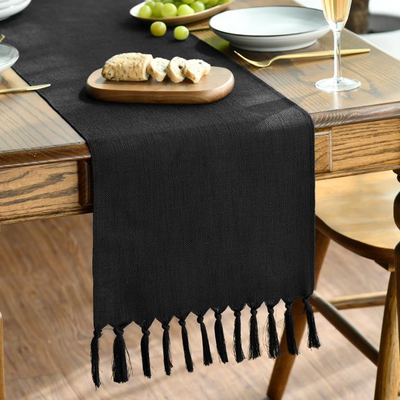 Ksopiavobs Black Tassel Table Runner, Halloween Linen Blend Rustic Farmhouse Style Kitchen Table Decoration Holiday Wedding Party Dinning Decor 13x48 Inch