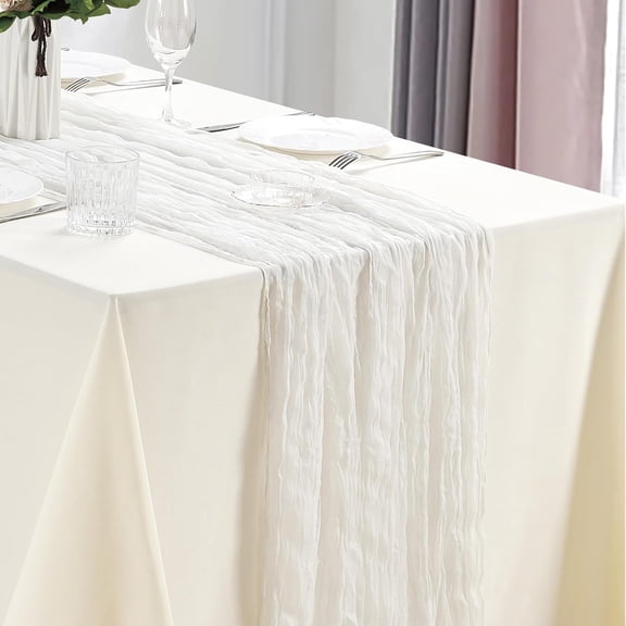 Ksopiavobs Cheesecloth Table Runner 35 x 118 Inches Gauze Table Runner 10Ft Boho Rustic Decorations for Wedding Decor Reception Bridal Shower Holiday Party, White