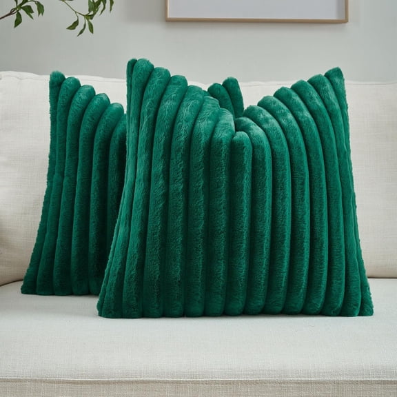 Ksopiavobs Emerald Green Throw Pillow Covers Set of 2, 18x18 Inch Soft Faux Rabbit Fur Striped Texture Cushion Cases, Modern Decorative Couch Pillows for Living Room Bed