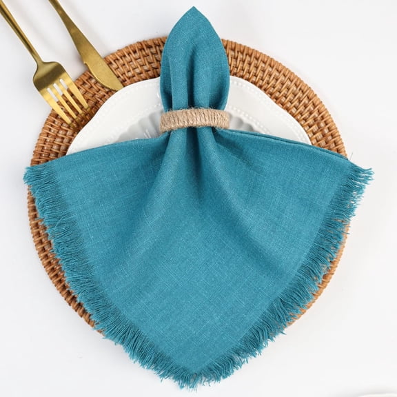 Ksopiavobs Handmade Cloth Napkins, Linen Cloth Napkins with Fringe, 18 x 18 Inches Set of 4 Versatile Handmade Square Rustic Fringe Napkins for Dinner, Wedding and Parties, Peacock Blue