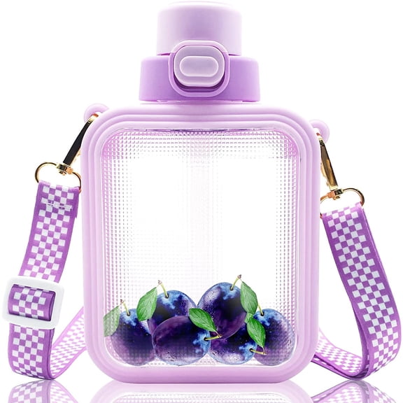 Ksopiavobs Kawaii Water Bottle, Cute Square Water Bottles with Straw and Adjustable Strap, Women Sports Bottle with Cartoon Sticker, Portable Travel Water Cup for Office School Gifts, 25 Oz (Purple)