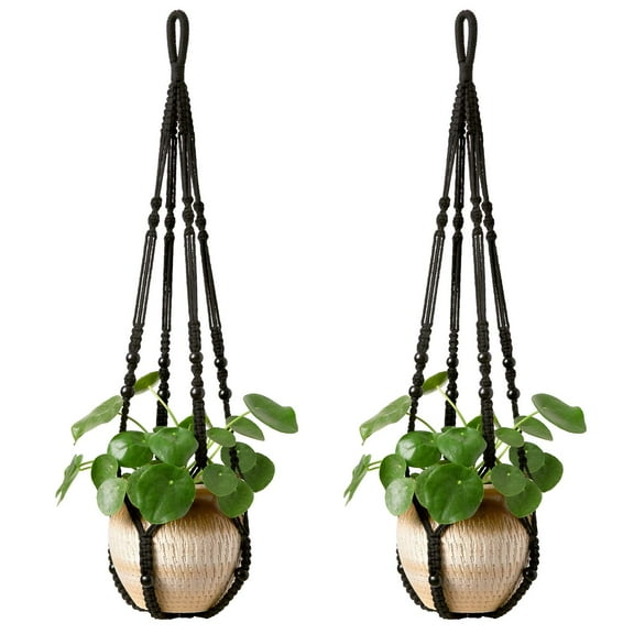 Ksopiavobs Macrame Plant Hanger Indoor Hanging Planter Basket with Wood Beads Decorative Flower Pot Holder No Tassels for Indoor Outdoor Boho Home Decor 35 Inch, Black, Set of 2 (POTS NOT Included)