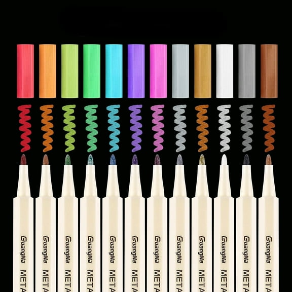 Ksopiavobs Metallic Marker Pens,12 Assorted Colors Fine Tip Metallic Marker Painting Pens for Scrapbook DIY Photo Album,Rock Painting, Glass, Cardstock, Metal and Ceramics