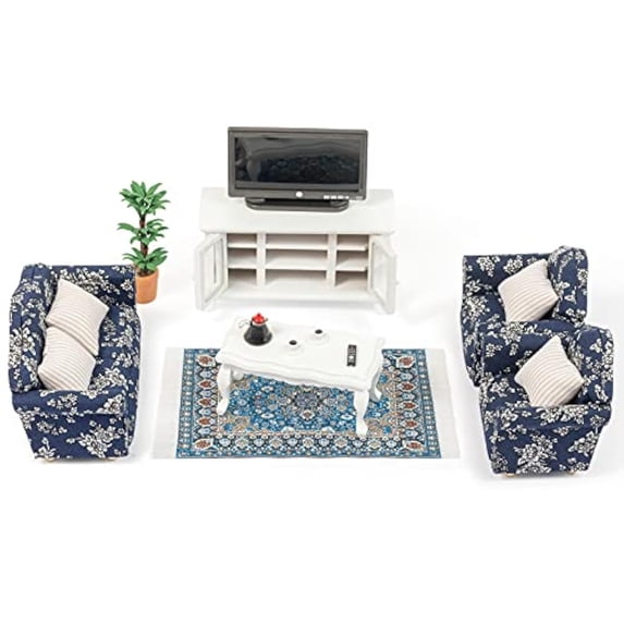 Ksopiavobs Miniature Dollhouse Furniture 1 12 Scale - Wooden Dollhouse Furniture Set for Dollhouse Living Room - Doll House Furniture Incl Sofa, TV Cabinet, Coffee Table and Other Accessories (Blue)