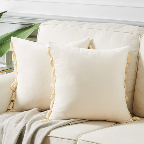 Ksopiavobs Pack of 2 Boho Decorative Throw Pillow Covers with Handmade Tassels, Soft Velvet Accent Solid Square Cushion Case Set for Couch Sofa Bedroom Car Living Room (18x18 Inch/45x45 cm, Cream)