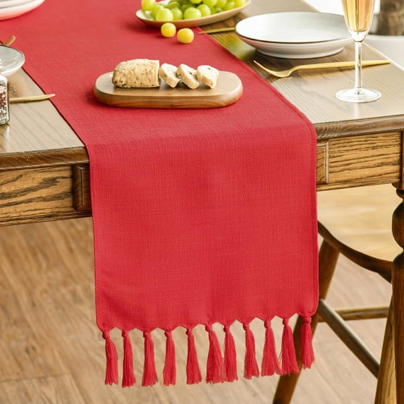 Ksopiavobs Red Tassel Table Runner, Christmas Linen Blend Rustic Farmhouse Style Kitchen Table Decoration Holiday Wedding Party Dinning Decor 13x48 Inch