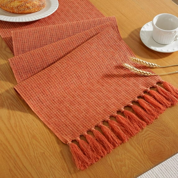 Ksopiavobs Rustic Fall Table Runner with Tassels, Boho Farmhouse Thanksgiving Table Runners 90 Inches Long for Holiday Party, Wedding and Dining Table Decor, 13x90 Inches, Orange
