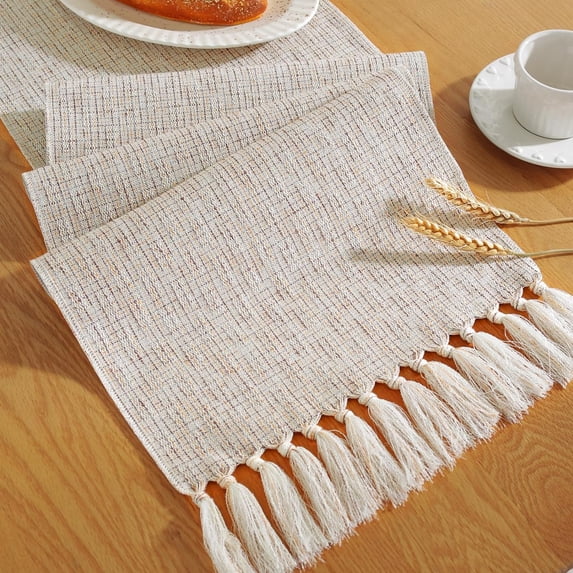 Ksopiavobs Rustic Table Runner with Tassels, Boho Farmhouse Table Runners 72 Inches Long for Holiday Party, Wedding and Dining Table Decor, 13x72 Inches, Beige