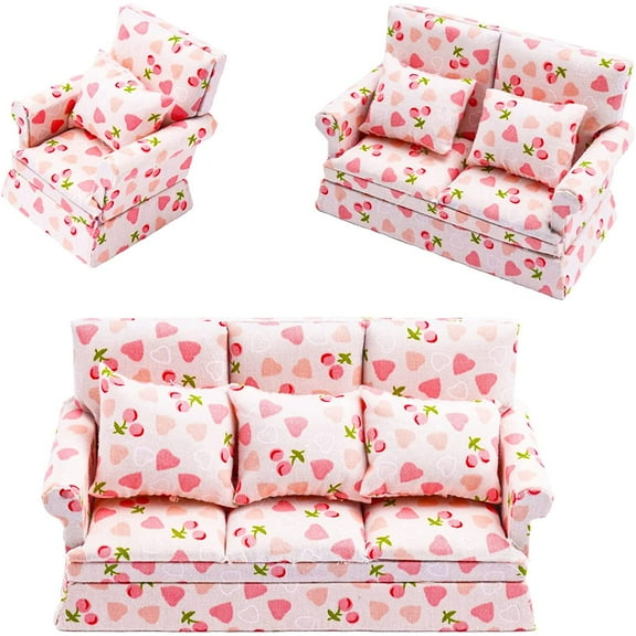 Ksopiavobs Scale Mini House Wooden Furniture Sofa Pink Miniature Couch with Pillow Set Miniature House Living Room Furniture Accessory