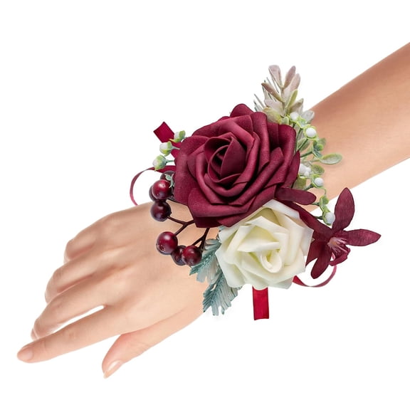 Ksopiavobs Set of 2 Wrist Corsage Wristlet for Wedding Bridesmaid Mother Grandmother for Bridal Shower Wedding Artificial Roses Flower Prom (Burgundy)