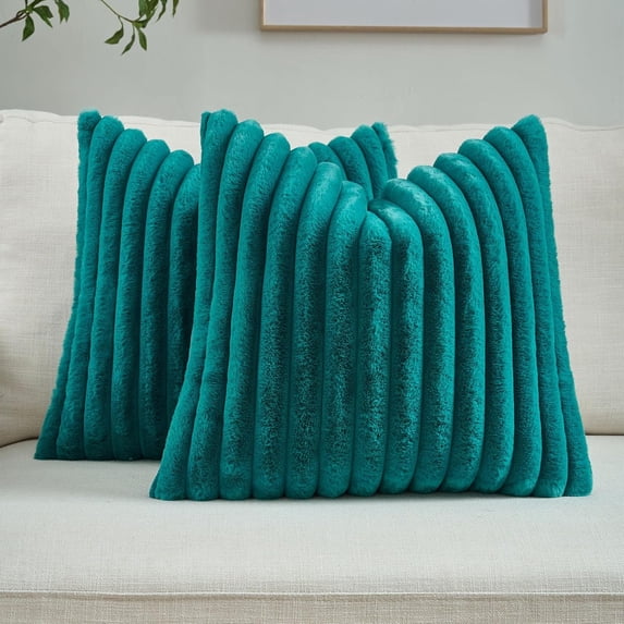 Ksopiavobs Teal Green Throw Pillow Covers Set of 2, 24x24 Inch Soft Faux Rabbit Fur Striped Texture European Cushion Cases, Modern Decorative Couch Pillows for Living Room Bed