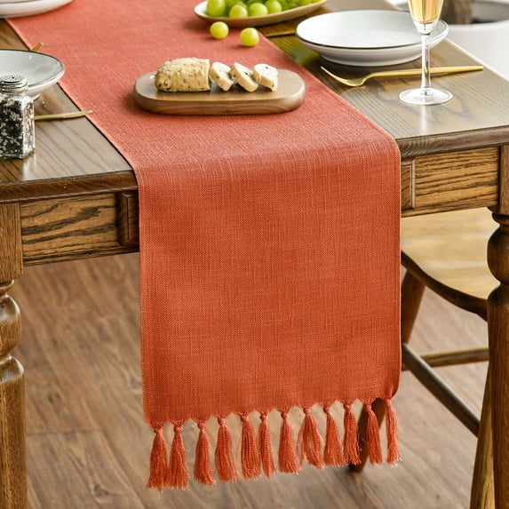 Ksopiavobs Terracotta Orange Tassel Table Runner, Fall Linen Blend Rustic Farmhouse Style Kitchen Table Decoration Holiday Wedding Party Dinning Decor 13x36 Inch