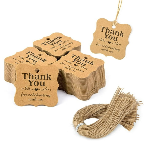 Ksopiavobs Thank You Tags, 150PCS Brown Kraft Gift Tags with 150PCS Free Natural Jute Twines Brown Scalloped Edge Tags for Gift Wrapping, Wedding, Favor Box, Baby Shower