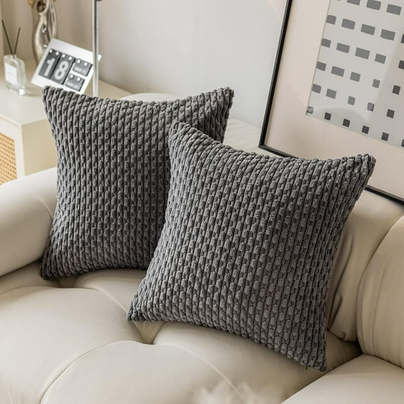 Ksopiavobs Throw Pillow Cover Striped Pattern Decorative Soft Corduroy Cushion Covers Stripes for Living Room, Set of 2, 18x18 Inch, Dark Grey