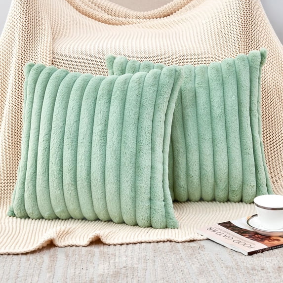 Ksopiavobs Throw Pillow Covers Decorative Faux Fur Set of 2 18x18 Inch Pillow Covers, Soft Sage Green Striped Pillowcases for Couch Sofa Bed Living Room, Fluffy Cute Home Boho Accent Fuzzy Decor