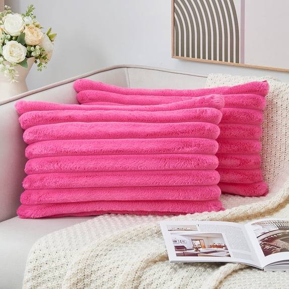 Ksopiavobs Throw Pillow Covers Hot Pink Decorative Faux Fur Set of 2 12x20 Inch Pillow Covers, Soft Pink Lumbar Striped Pillowcases for Couch Sofa Bed Living Room, Fluffy Cute Home Boho Accent Decor