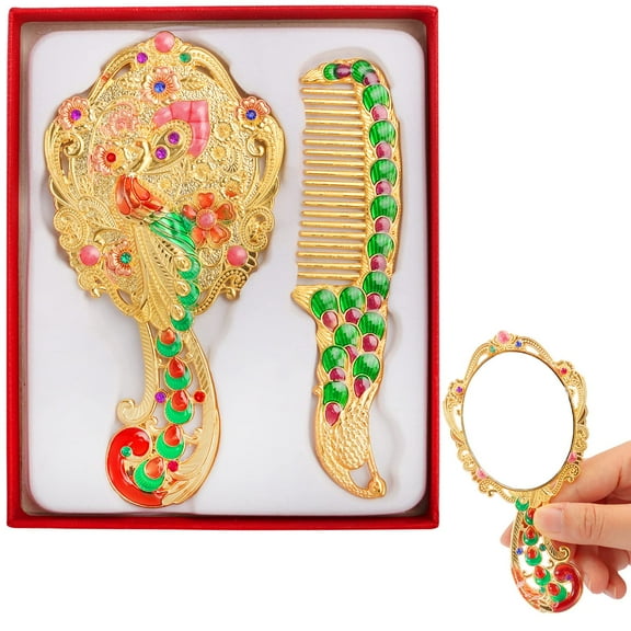 Ksopiavobs Vintage Handheld Mirror Antique Comb Set Decorative Metal Cosmetic Mirror Portable Makeup Mirror Princess Mirror Cosmetic Mirror for Women Girls Gift (Set C)
