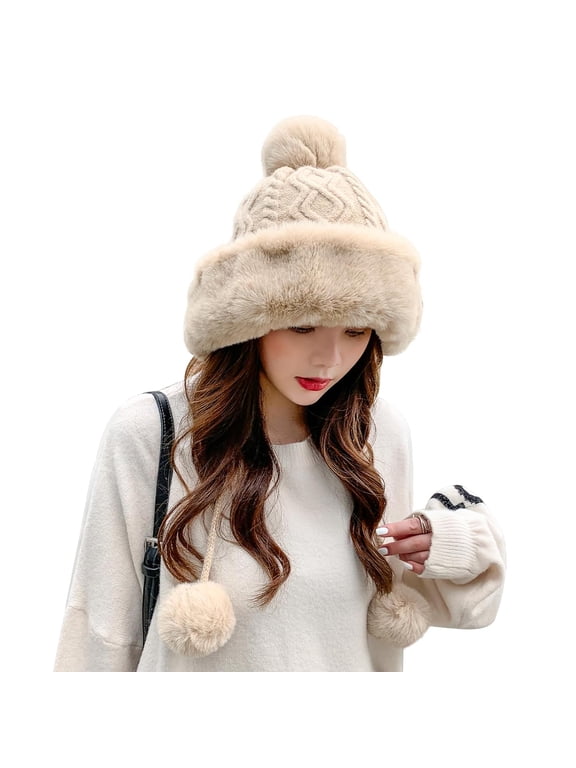 Winter Beanie Hats for Women Warm Knit Skull Cap Bomber Hat with Fur Pompom Russian Ushanka Trapper Hat Ear Cover