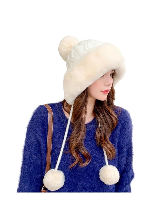 Winter Beanie Hats for Women Warm Knit Skull Cap Bomber Hat with Fur Pompom Russian Ushanka Trapper Hat Ear Cover