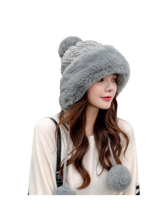 Winter Beanie Hats for Women Warm Knit Skull Cap Bomber Hat with Fur Pompom Russian Ushanka Trapper Hat Ear Cover