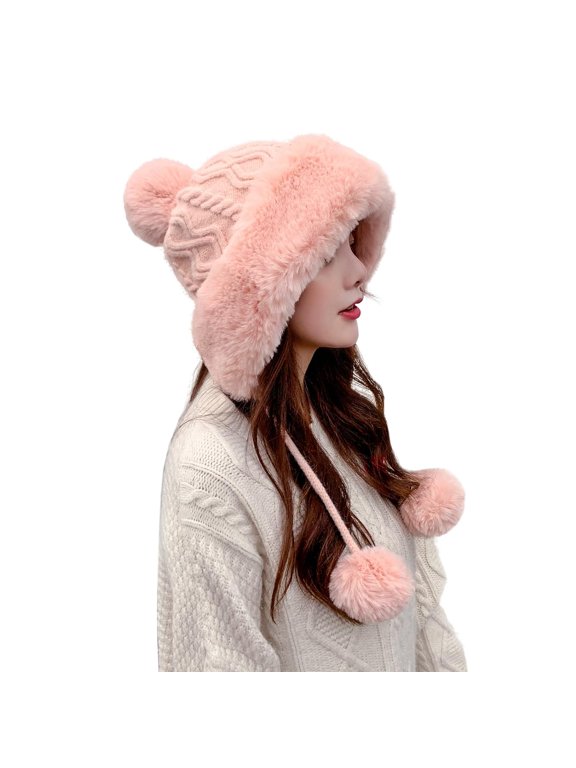 Winter Beanie Hats for Women Warm Knit Skull Cap Bomber Hat with Fur Pompom Russian Ushanka Trapper Hat Ear Cover