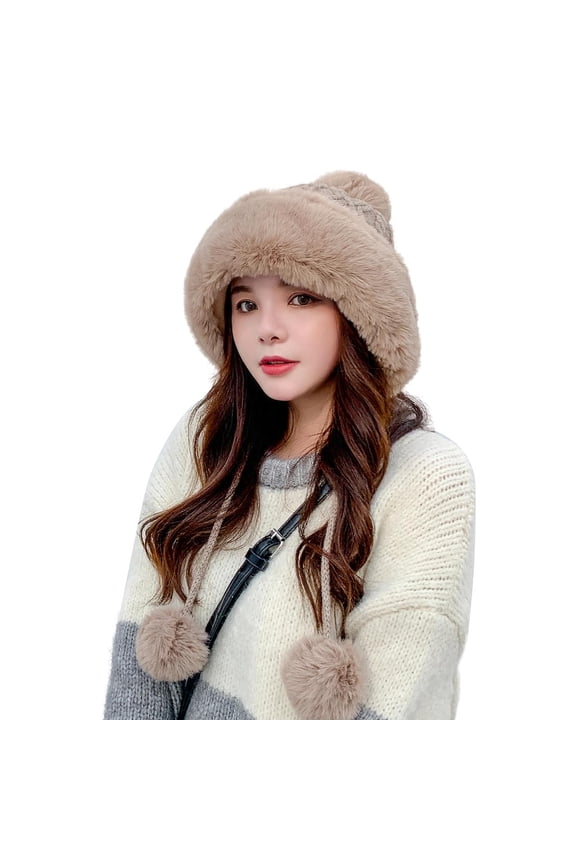 Winter Beanie Hats for Women Warm Knit Skull Cap Bomber Hat with Fur Pompom Russian Ushanka Trapper Hat Ear Cover