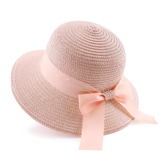Ksopiavobs Women,Little Girls Straw Sun Hat Summer Beach Cap Foldable Visor Floppy Hats Wide Brim with Bowknot