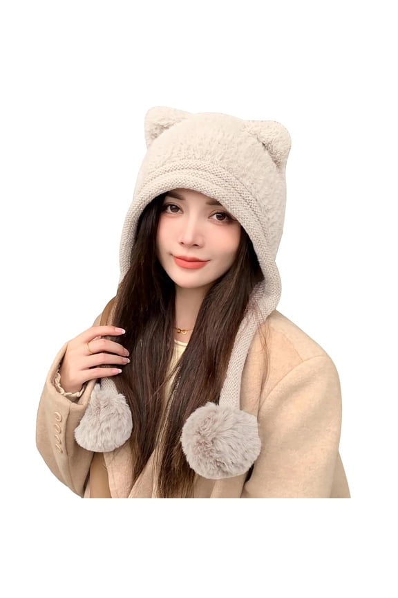 Women Winter Sherpa Beanie Hats Knit Ear Flaps Peruvian Cover Ears Fleece Lined Fluffy Ski Snow Hat 3 Pompoms