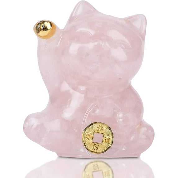 Ksopiavobs Yellow Crystal Lucky Cat Figurine Hand Carved Maneki Neko Money Cats Statue Feng Shui Decoration for Home Office Attract Good Luck Money Wealth with Gift Box (Pink Quartz)