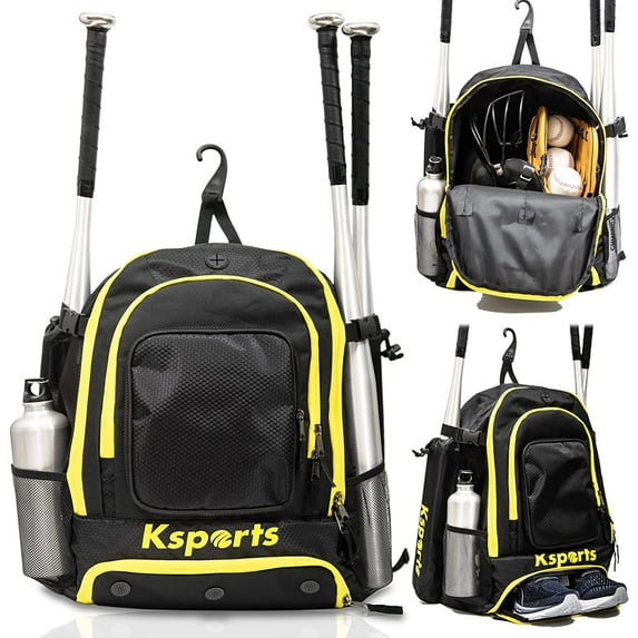 Ksports Baseball Bag Black/Yellow Backpack for Baseball, T-Ball & Softball Equipment & Gear for Youth and Adults - Holds Bats, Helmet, Gloves, Gear - Shoe Compartment & Fence Hook