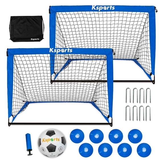 Ksports Soccer Goal Bundle, 2 Blue 4 ft Soccer Nets, Size 4 Nylon-Wound Ball, Pump