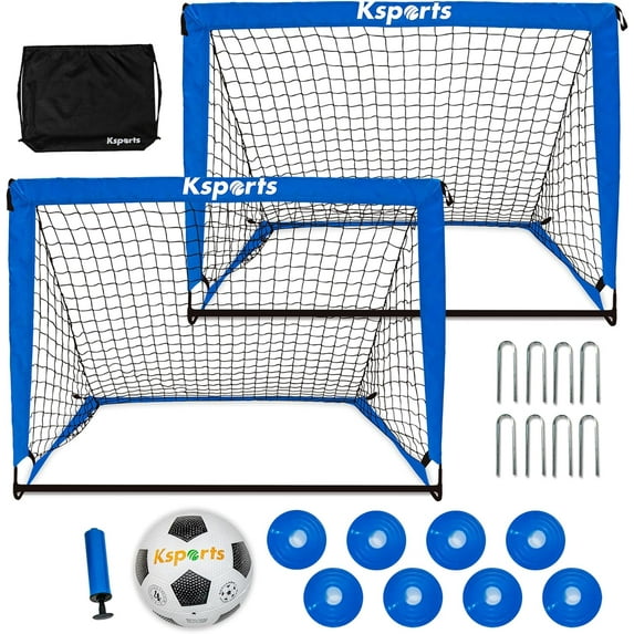 Ksports Soccer Goals 4ft Blue Soccer Net Bundle with Size 4 Soccer Ball, Pump, Cones & Bag