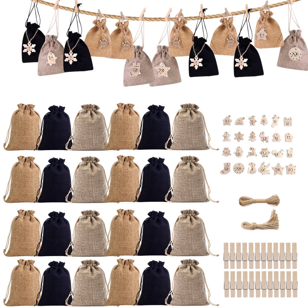 Ksruee Burlap Advent Calendar Bags Fillable Advent Calendar with 24 Drawstring Bag Candy Gift Bags with Drawstring for Kids and Adults Christmas Home Decoration functional