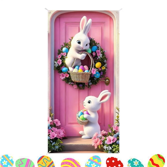 Ksruee Easter Banners 90x180cm Waterproof Bunny Backdrop Front Door Sign Happy Easter Banner for Office Classroom Farmhouse Porch Entryway Yard Garden Spring Holiday Party