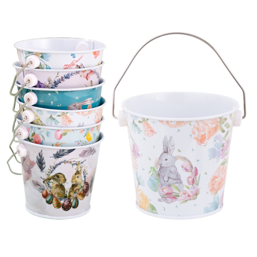 Ksruee Easter Egg Hunt Bucket 6 Pieces Rabbit Pattern Storage Container Metal Treat Bucket with Handle for Kids Easter Spring Party Favors Candy Chocolate Egg Hunt