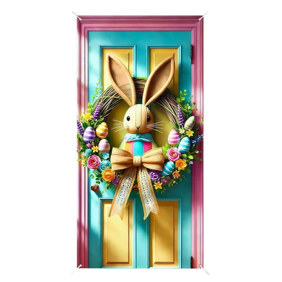 Ksruee Happy Easter Banner 90x180cm Waterproof Bunny Backdrop Front Door Sign Happy Easter Banner for Office Classroom Farmhouse Porch Entryway Yard Garden Spring Holiday Party