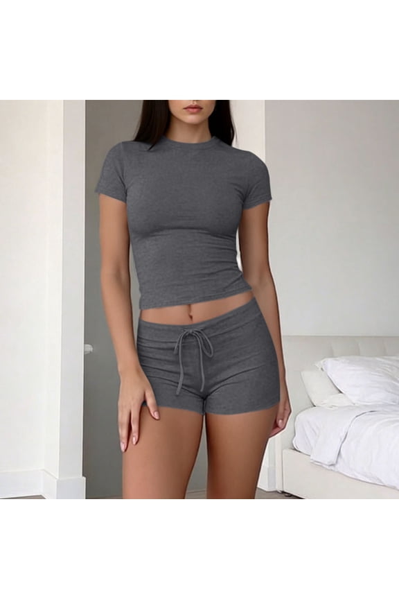 Ksrymi 2 Piece Sets for Women 2-Piece Outfit: Solid Crew Neck Short Sleeve Cropped Top & Drawstring Waist Biker Shorts Matching Set – Form-Fitting 2 Piece Sets for Women