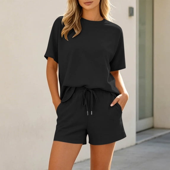 Ksrymi Overalls for Women 2-Piece Loungewear Set: Solid Crew Neck Short Sleeve T-Shirt & Elastic Waist Drawstring Shorts with Side Pockets Rompers for Women