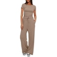 thumbnail image 1 of Ksrymi Two Piece Sets for Women 2-Piece Outfit: Solid Round Neck Short Sleeve Ruched Top & Elastic Waist Drawstring Wide Leg Pants with Side Pockets Summer Outfits, 1 of 8