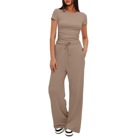 Ksrymi Two Piece Sets for Women 2-Piece Outfit: Solid Round Neck Short Sleeve Ruched Top & Elastic Waist Drawstring Wide Leg Pants with Side Pockets Summer Outfits