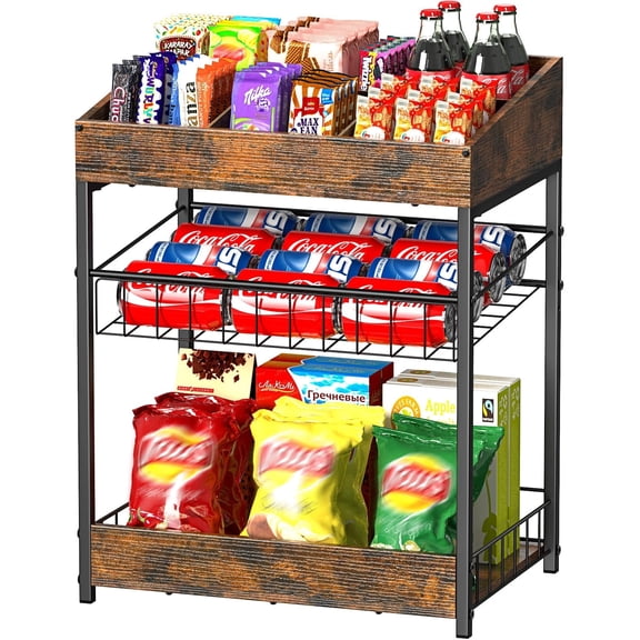 Kssiaz Snack Organizer for Countertop, 3 Tier Candy Display Rack Stand with 6 Adjustable Compartment for Kitchen, Pantry, Counter, Office, Retail, Brown