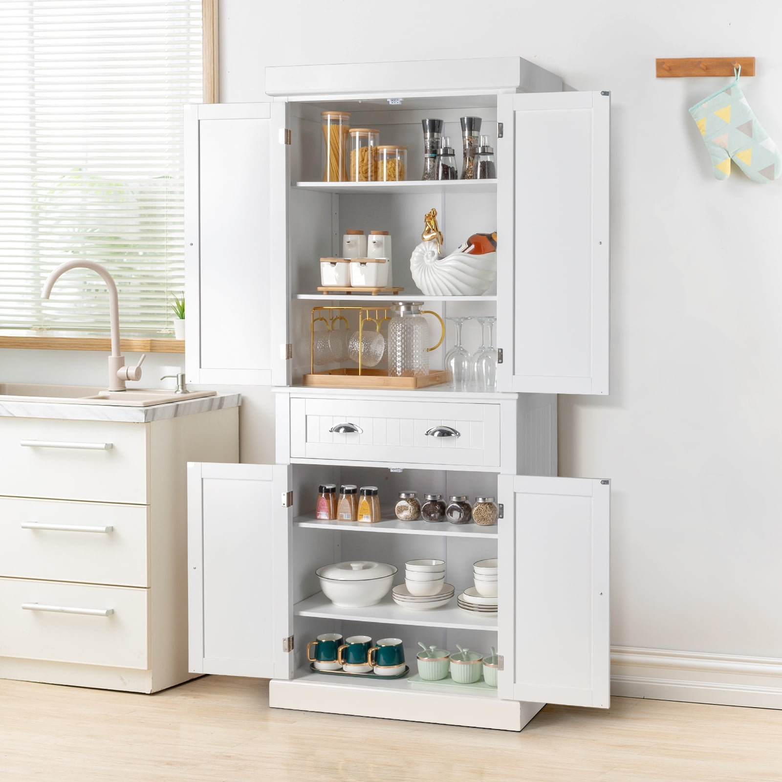 Aiho 66.9 H Kitchen Pantry Storage Cabinet with 2 Drawers and Glass Doors  for Kitchen - White 