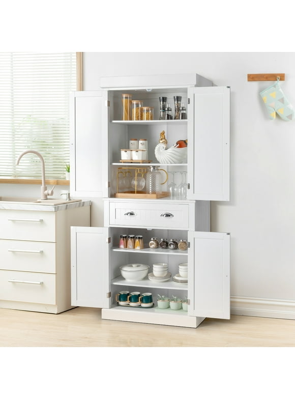 Ktaoxn 72" Kitchen Pantry Cabinet with Doors and Shelves and Single Drawer Double Door Storage Cabinet, White