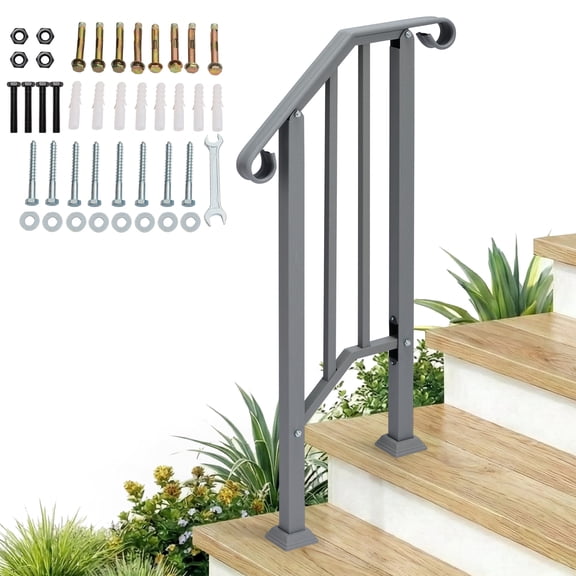 Ktaxon 1-Step Metal Stair Handrail, Indoor Outdoor Safety Railing for Patio Steps and Residential Single-Step Elevations, Black Silver