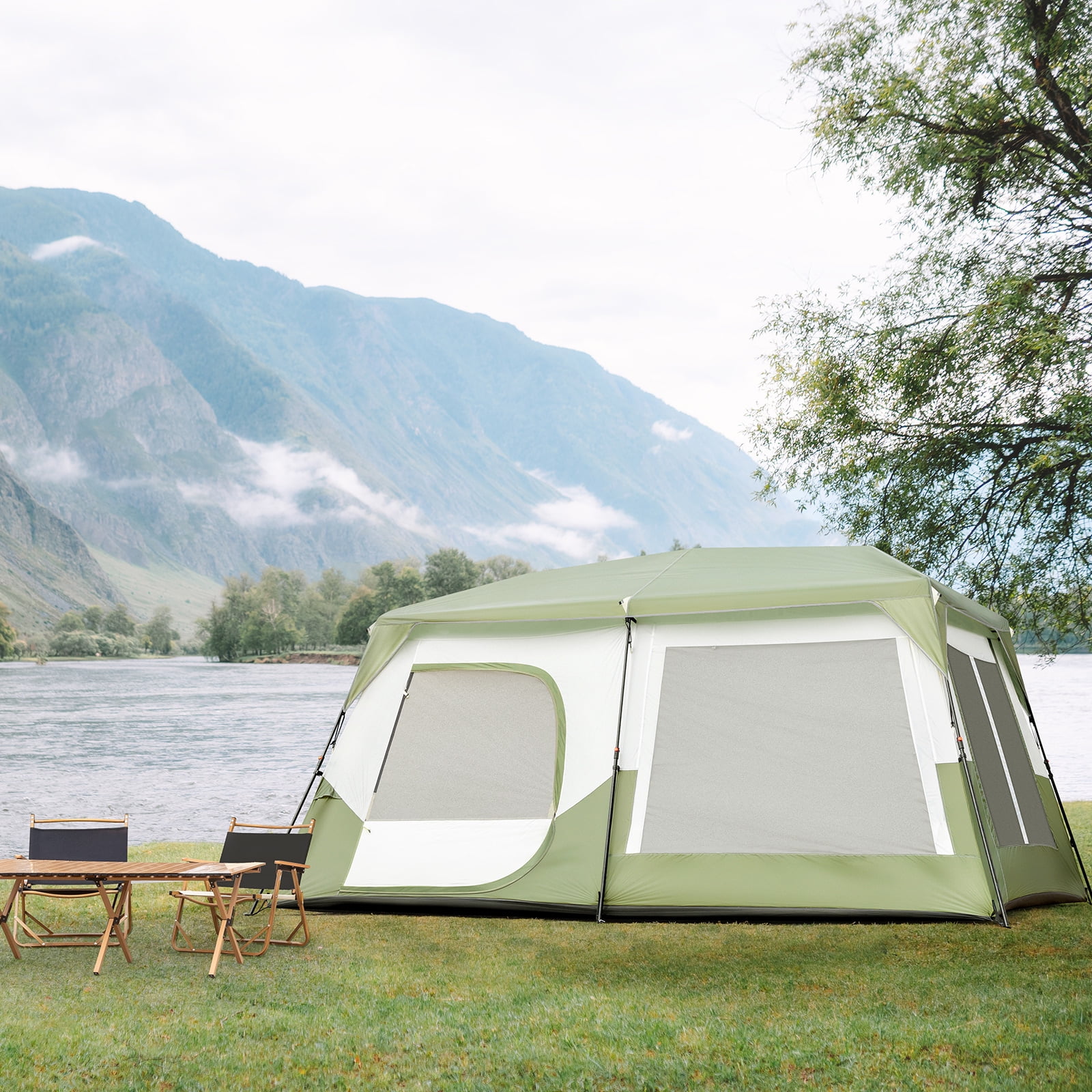 Green 10-Person Instant Cabin Tent with Dual Doors