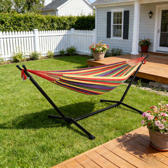 Ktaxon 102*41 inch Double Hammock with Space Saving Steel Stand Includes Portable Carrying Case Multi-color