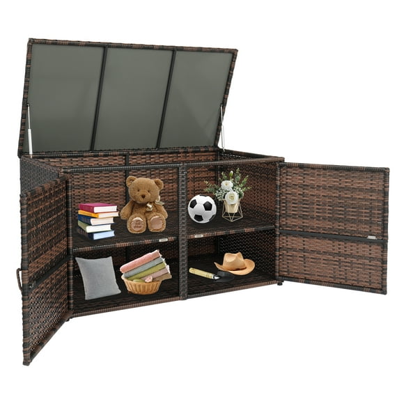 Ktaxon 104 Gal Outdoor  Rattan Deck Box, Wicker Patio Storage Cabinet, 2 Tiers Rattan Container for Indoor, Living Room, Sitting Room, Brown