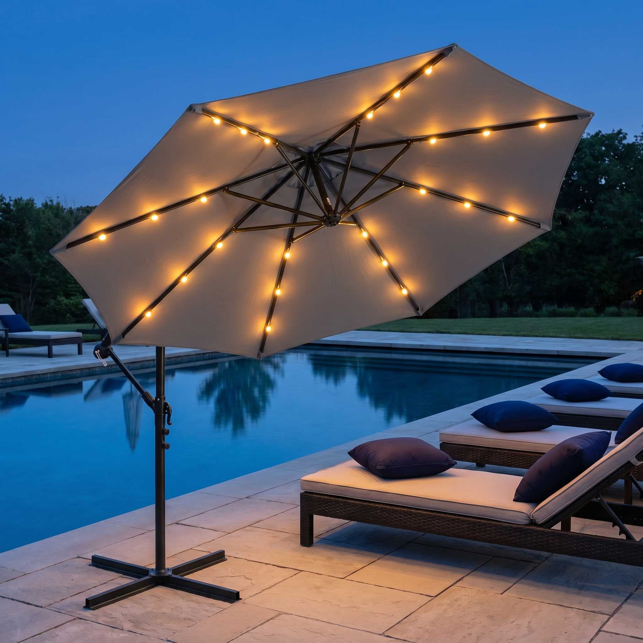 Ktaxon 10FT Patio Umbrella, Offset Cantilever Solar LED Outdoor Patio Table Umbrella, UV Protection, Fade Resistant Fabric, Easy Tilt Adjustment,Cross Base,Gray